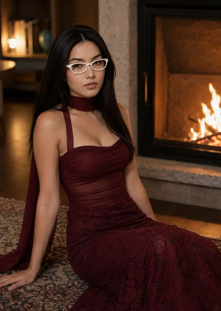 Crushi AI character in glasses by a fireplace